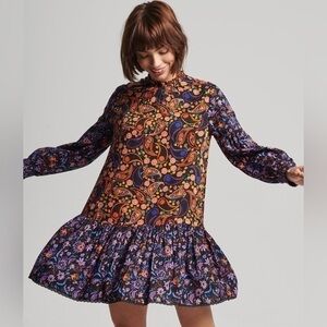 Superdry Multicolor Paisley High Neck Long Sleeve Cottagecore Boho Mini Dress